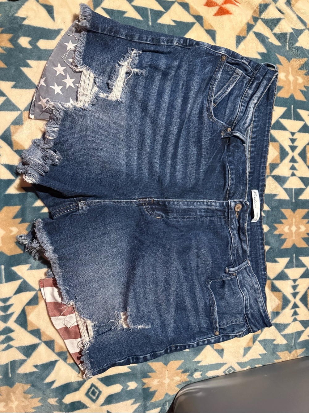 KanCan Distressed Dark Blue Denim Jean Shorts with Flag Liner